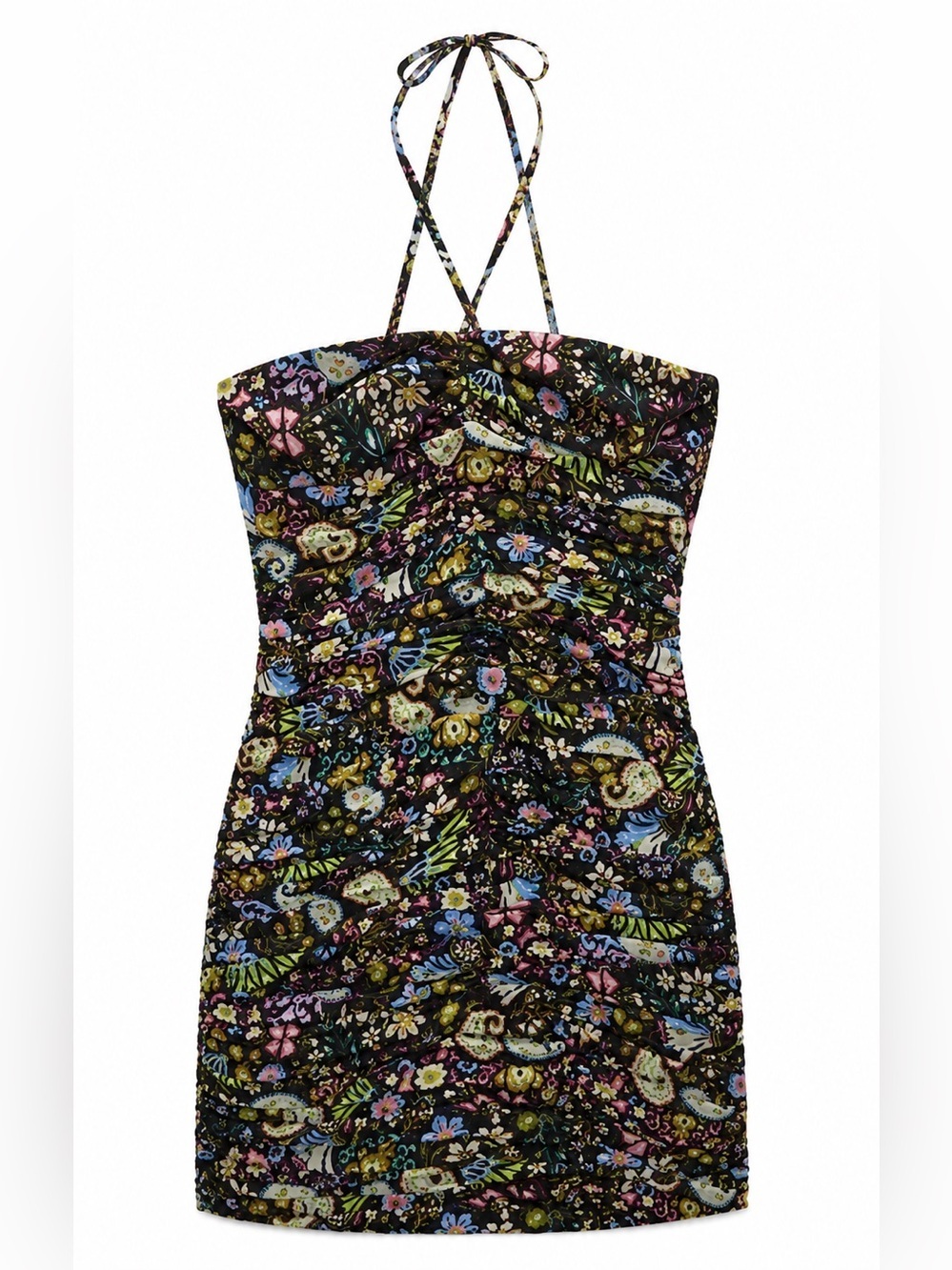 Zara black floral ruched halter mini dress, small